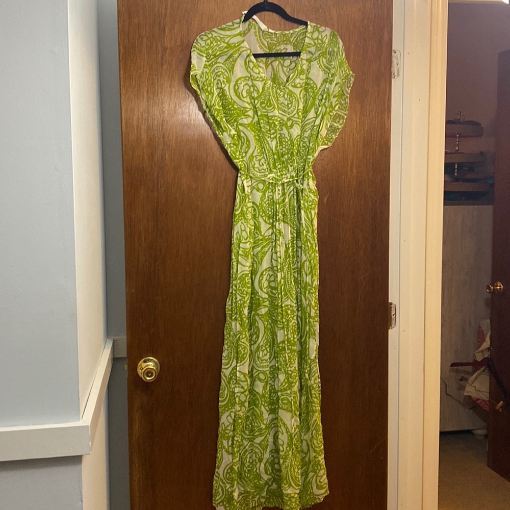 Olivaceous Green and White Paisley Maxi Dress